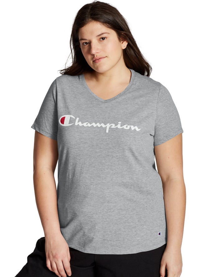 Champion Plus Jersey V-Neck Script Logo Kadın Tişört Gri ( EUAMTB218 )